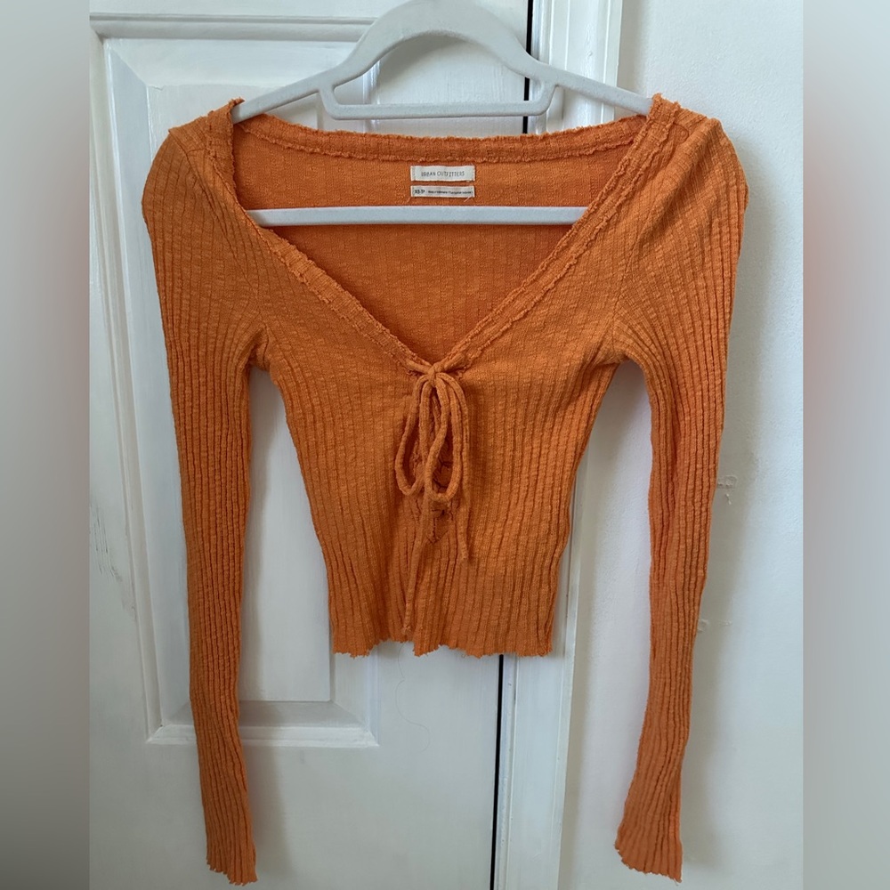 Orange Urban Outfitters Long Sleeve Textured Tie Top Fitted size-XS